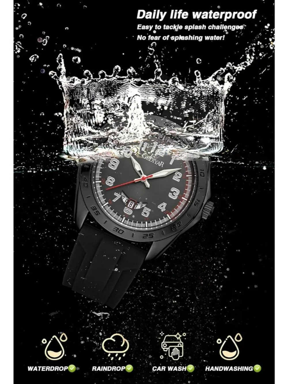 Men's Black Analog Quartz Rubber Silicone Band Arabic Numbers Casual Wrist Watch